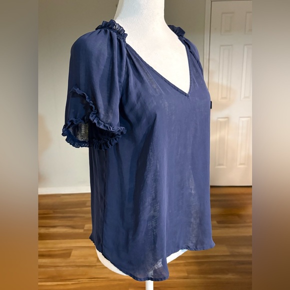 Current Air, Flutter Sleeve V Neck Short Sleeve Blouse, Navy Blue, Size S - Picture 2 of 11